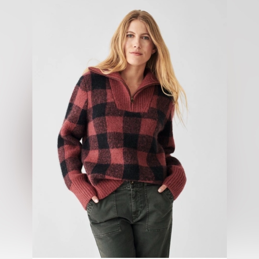 FAHERTY Md Alpaca Yak Saturday Pullover Sweater Buffalo Check Red Black 1/4 Zip